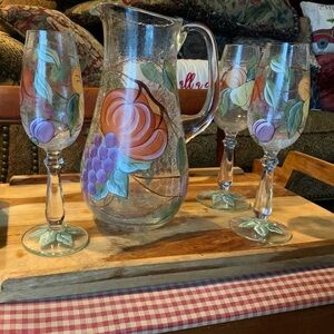 American Atelier Pompeii Fruit Pitcher and 3 wine glasses